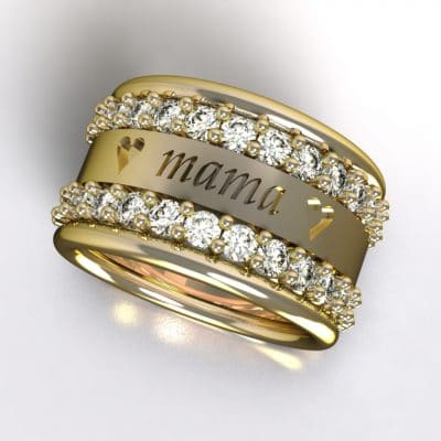 Tekst-/naamring love Mama met Swarovski zirkonia’s, geelgoud