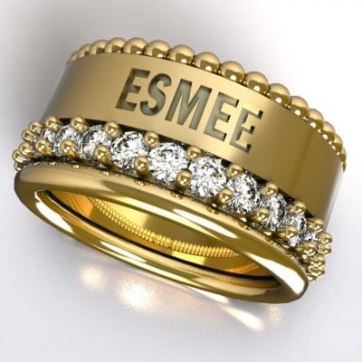 Tekst-/naamring Esmee met Swarovski zirkonia’s, geelgoud