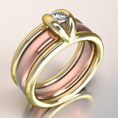 Damesring combi-model geelgoud met roségouden binnenband