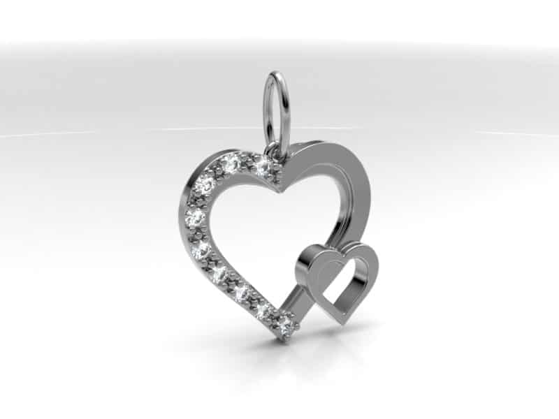 Zilveren ashanger met een groot en klein hart als symbool van de liefde. Grote hart bevat 9 zirkonia's
