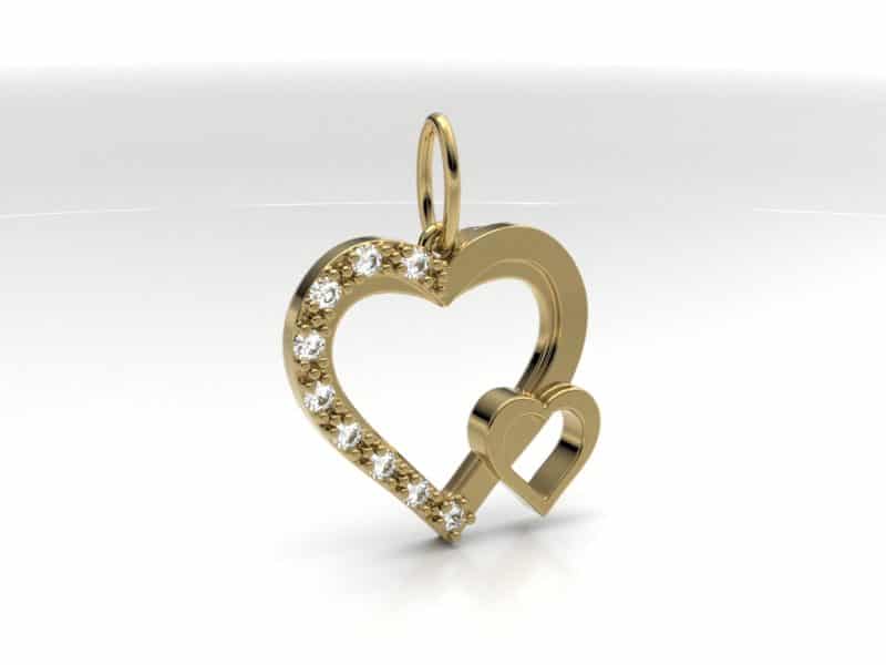 Geelgouden ashanger met een groot en klein hart als symbool van de liefde. Grote hart bevat 9 zirkonia's