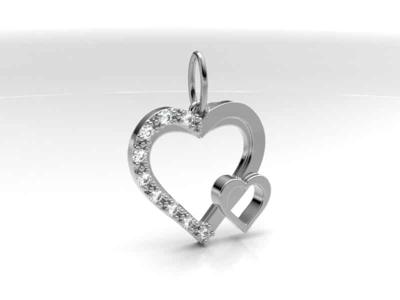 Witgouden ashanger met een groot en klein hart als symbool van de liefde. Grote hart bevat 9 zirkonia's