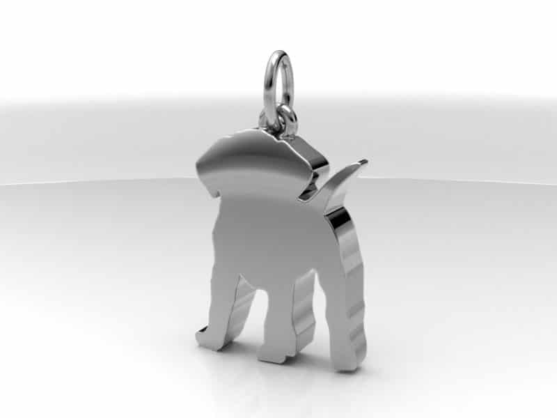 Zilveren ashanger in de vorm van een hond. De askamer bevindt zich aan de achterkant. Er is ook een 3D versie en andere vormen van een kat, paard, bot of hoefijzer.